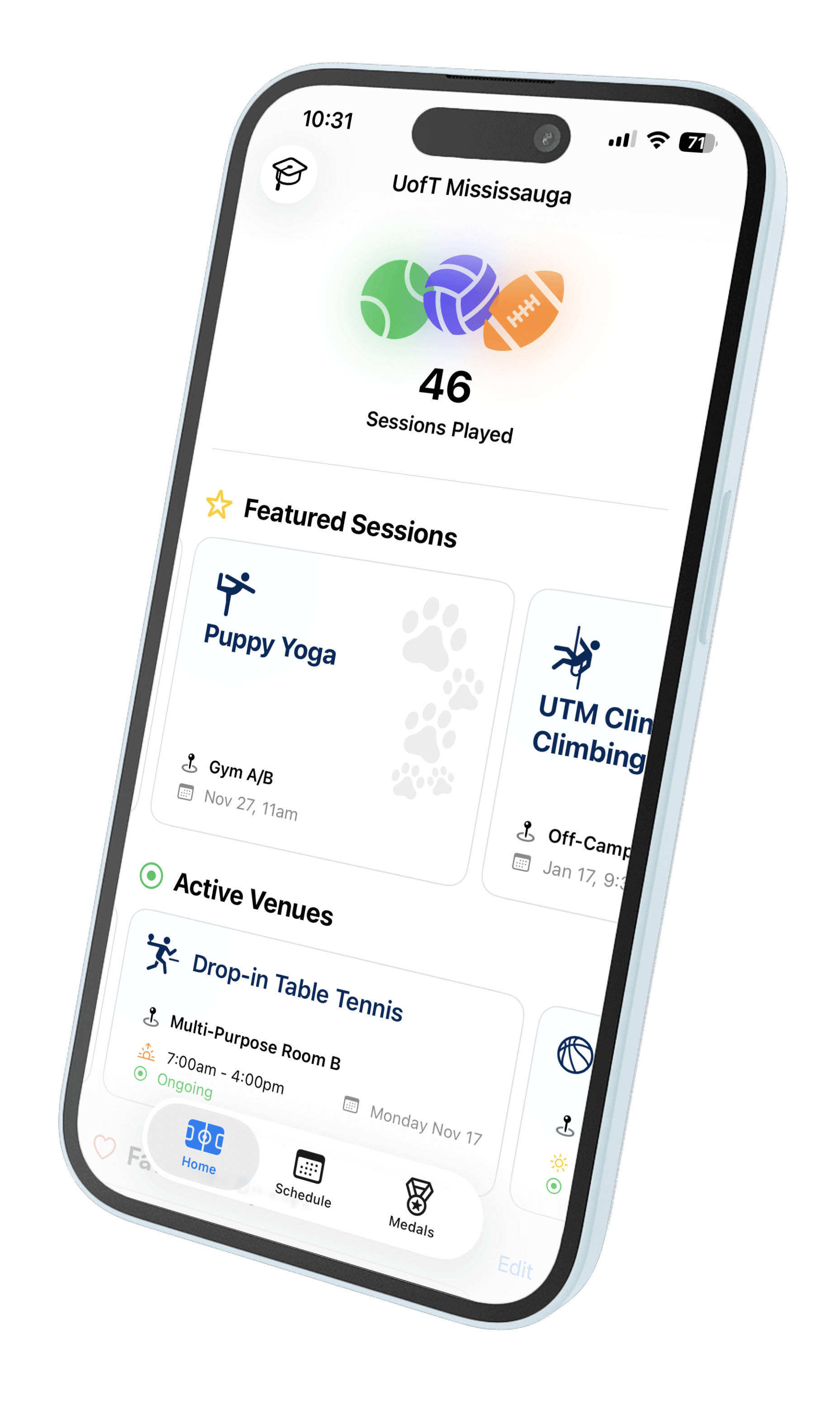 UniSports home screen