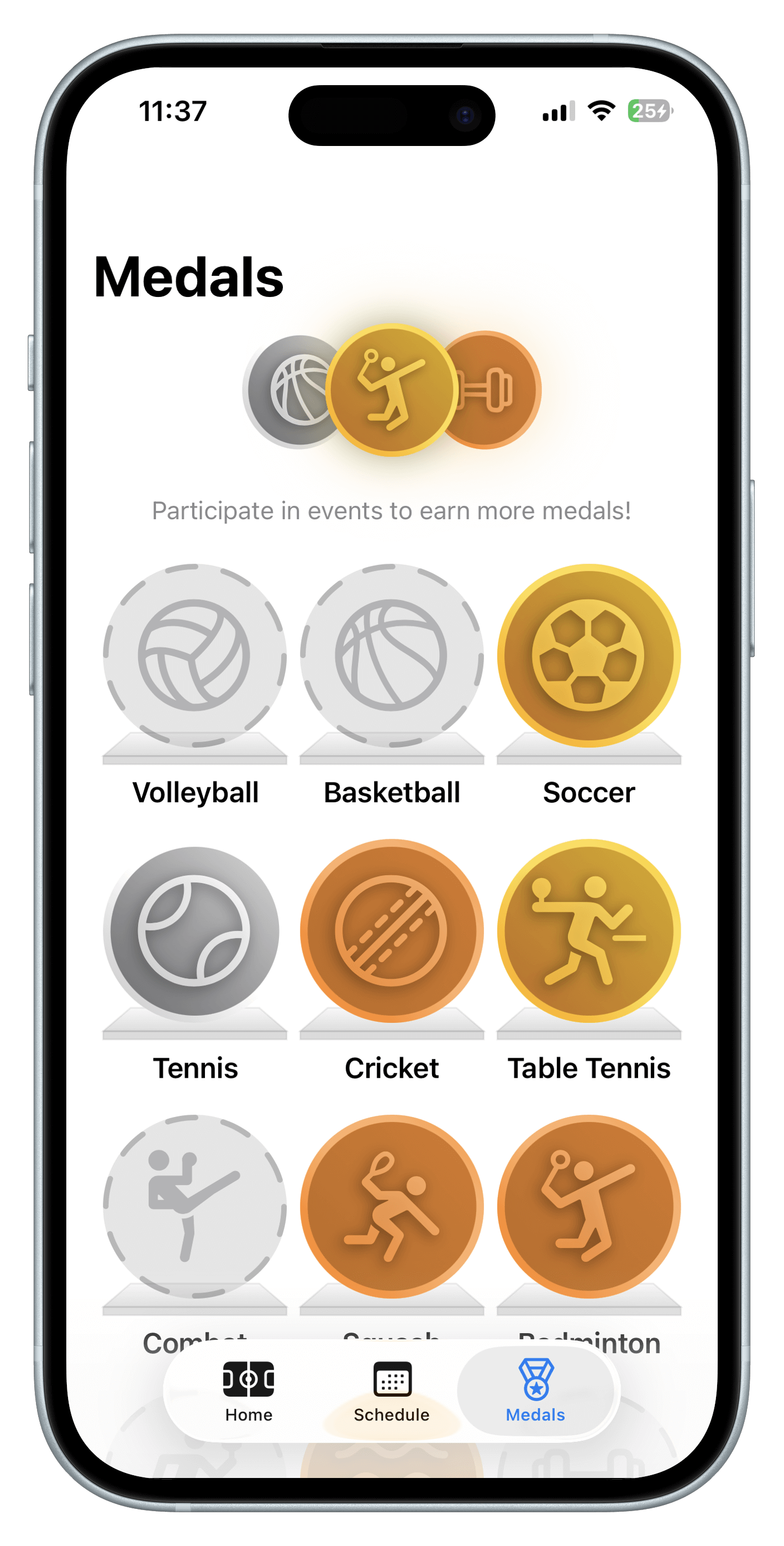 UniSports medals screen